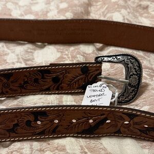 Men's Tooled Leather Belt with Decorative Silver Buckle